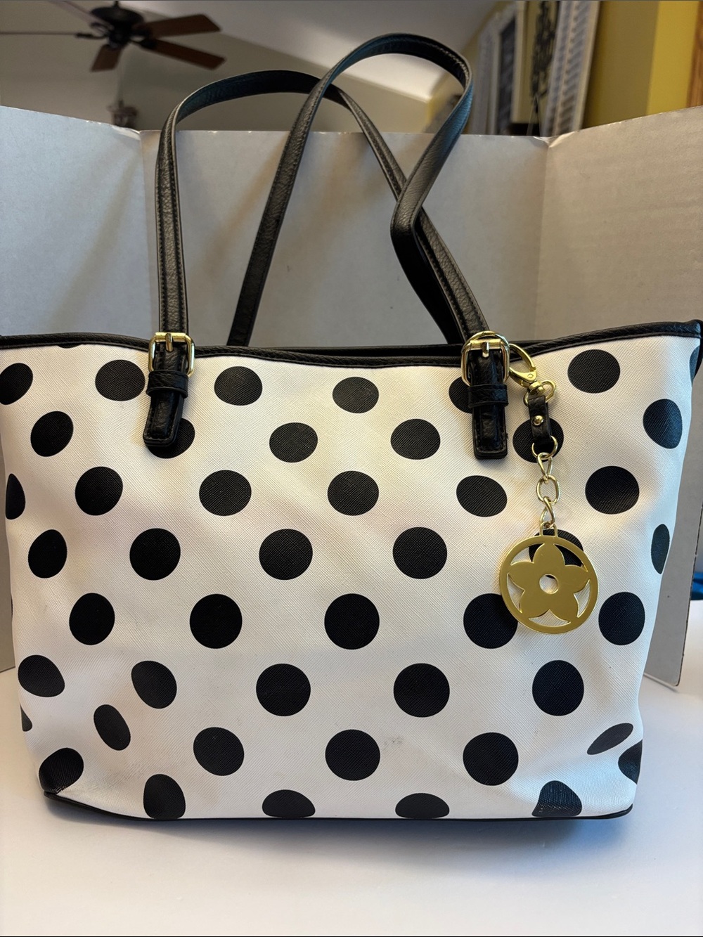 Bueno Polka Dot Tote Bag with Gold Charm NWOT
